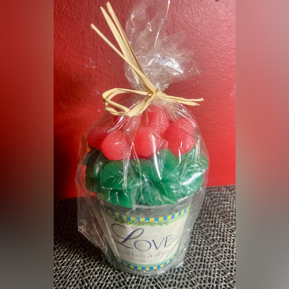 Festive Red and Green Candle Love Bible Verse In Bucket 4” Tall 1999 Roman Inc